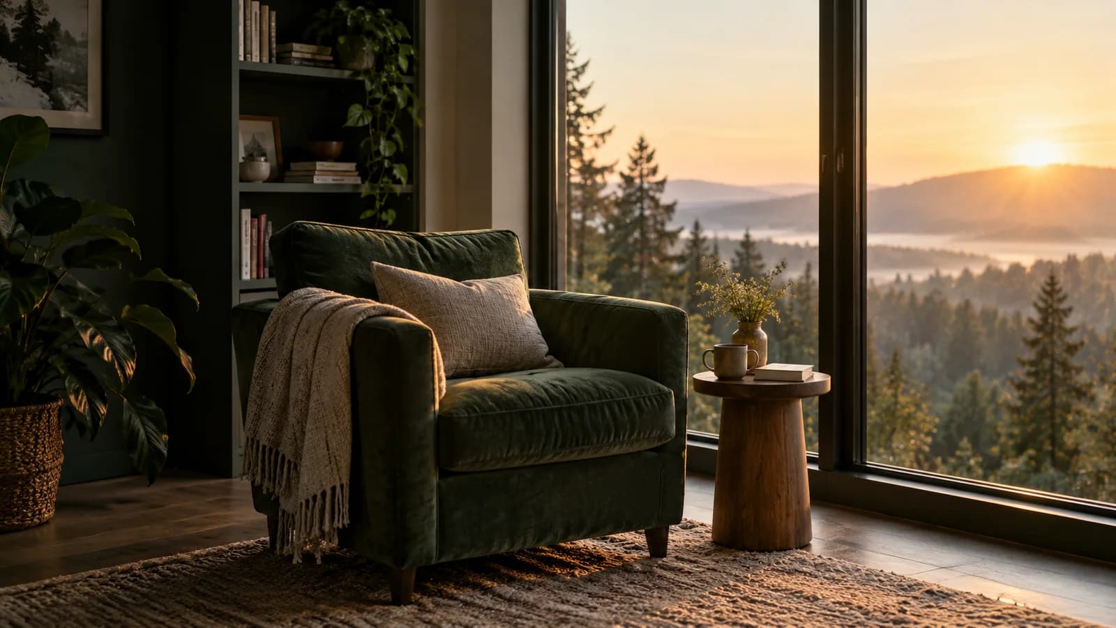 An empty green armchair and a notebook beside a woodland window