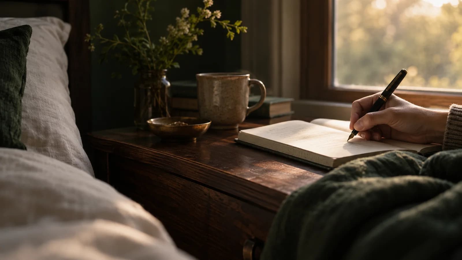 An open journal and pen on a bedside table in quiet morning light.