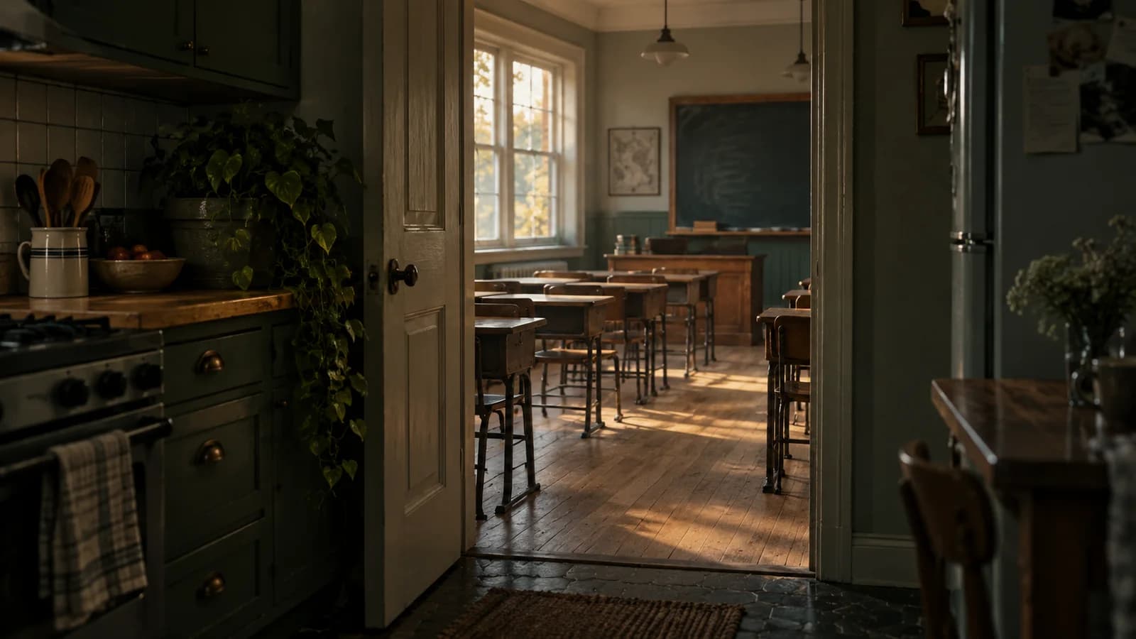 A kitchen doorway opening into an imagined empty classroom