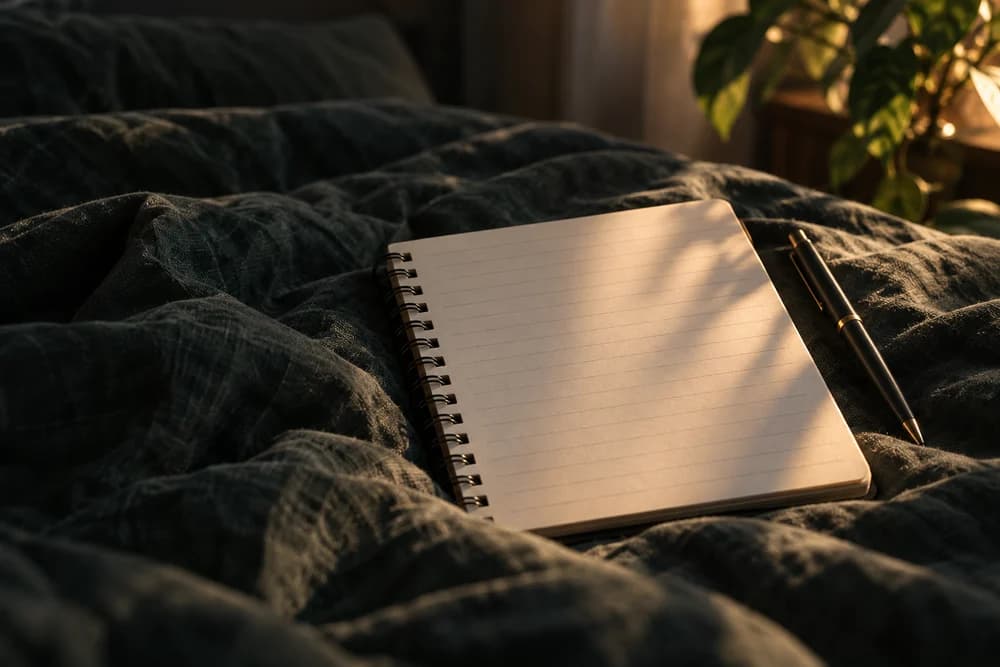 An open notebook and pen resting on dark linen bedding