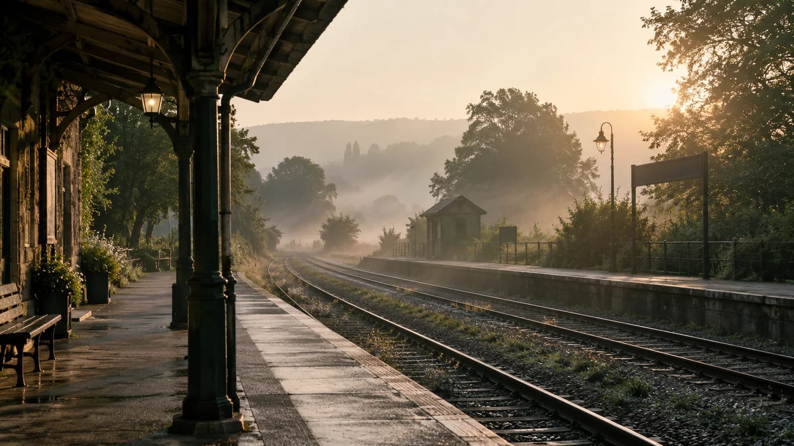 An imagined empty railway station with blank signs in morning mist