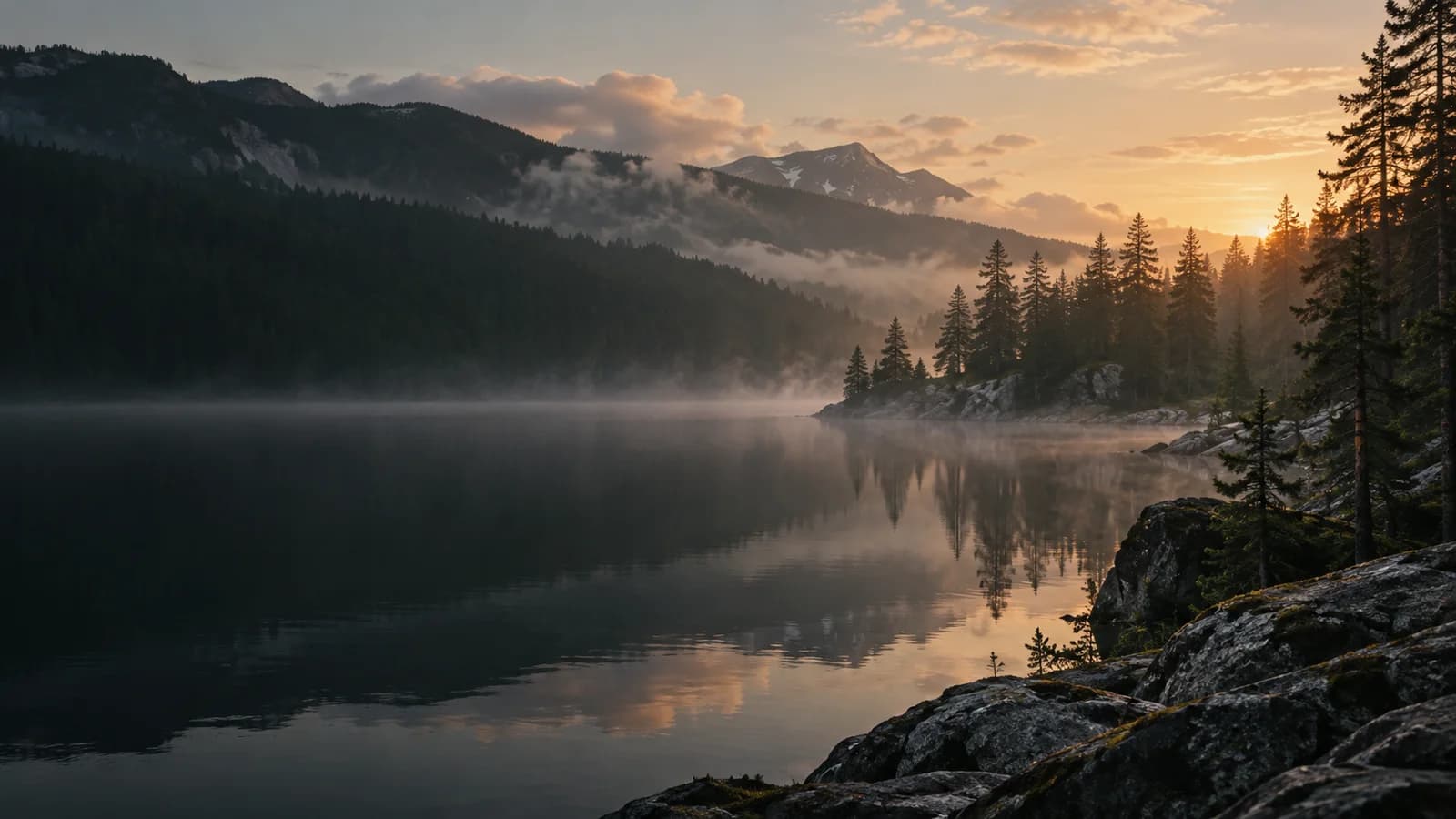 Misty water, a pine-covered shoreline and distant mountains at first light.