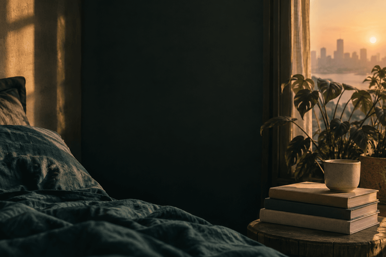 A quiet bedroom corner with books beside a window at sunrise