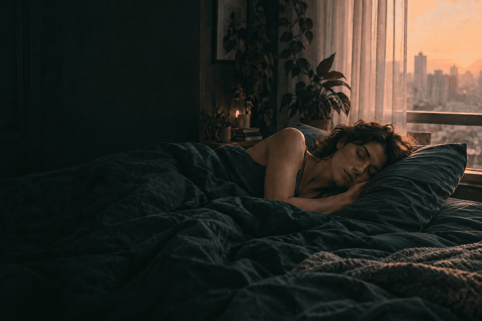 A peaceful sleeper beside a city window in warm predawn light