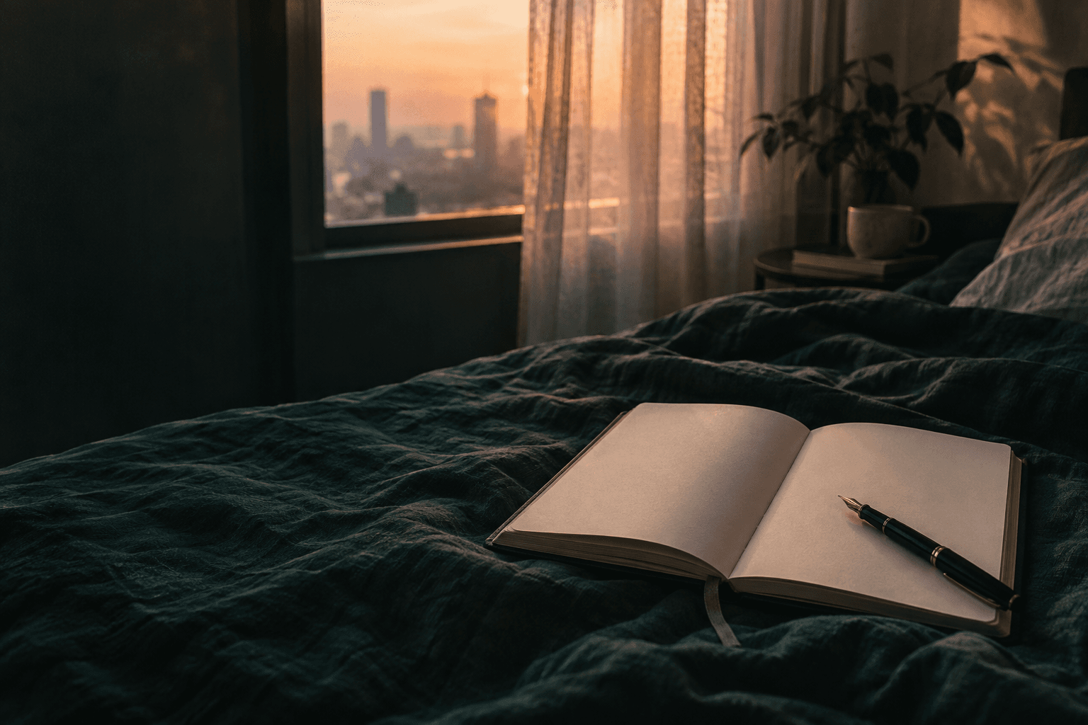 A blank journal on rumpled linen in predawn light