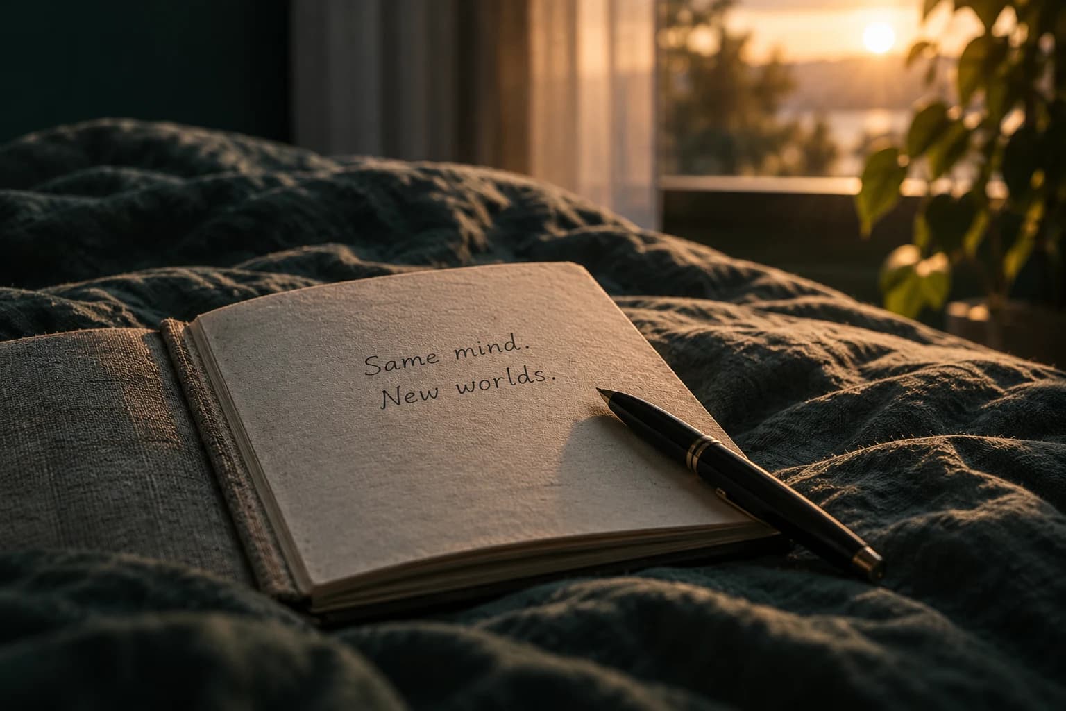An open linen notebook and pen on a dark green duvet