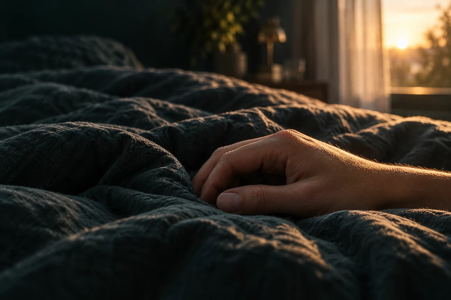 Soft light on bedding in a quiet bedroom