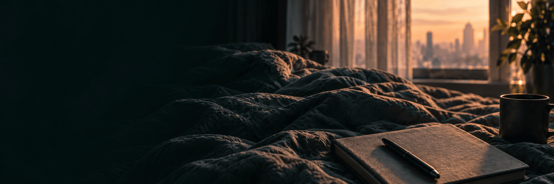 A journal and dark linen bed beside a warm predawn window