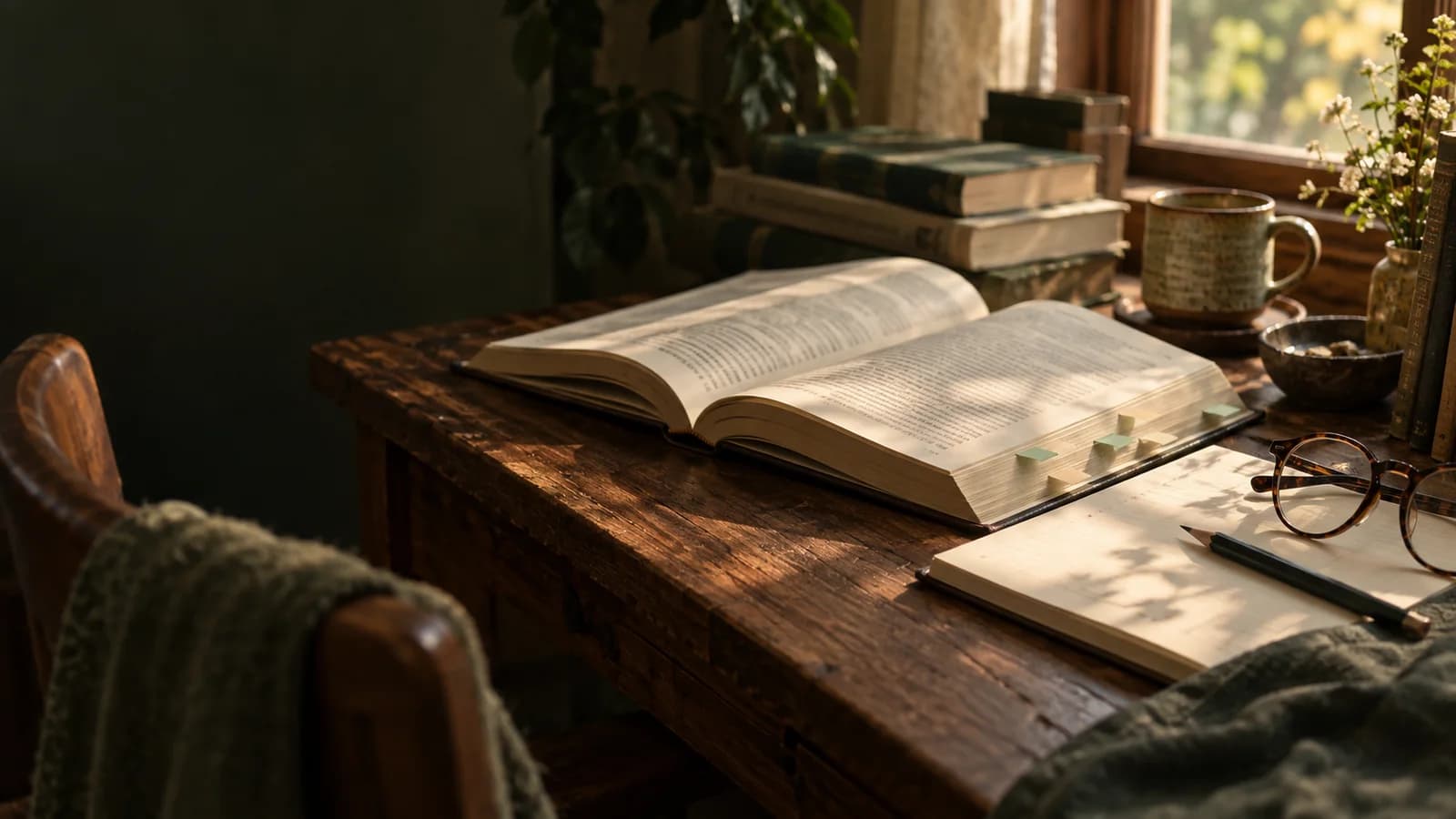 Books, loose notes and a cup on a dark wooden desk in gentle window light.